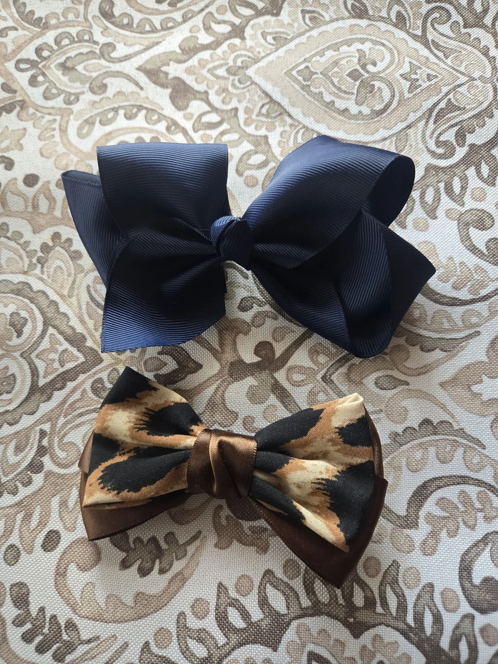 Girls Navy Grosgrain Bow & Brown Leopard Print Hair Bow Set